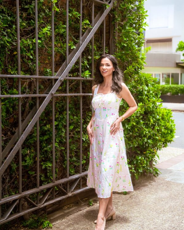 Anais Midi Dress — white floral sleeveless midi with lace lattice overlay and tie-front scoop neckline, front full view | La Mira Singapore