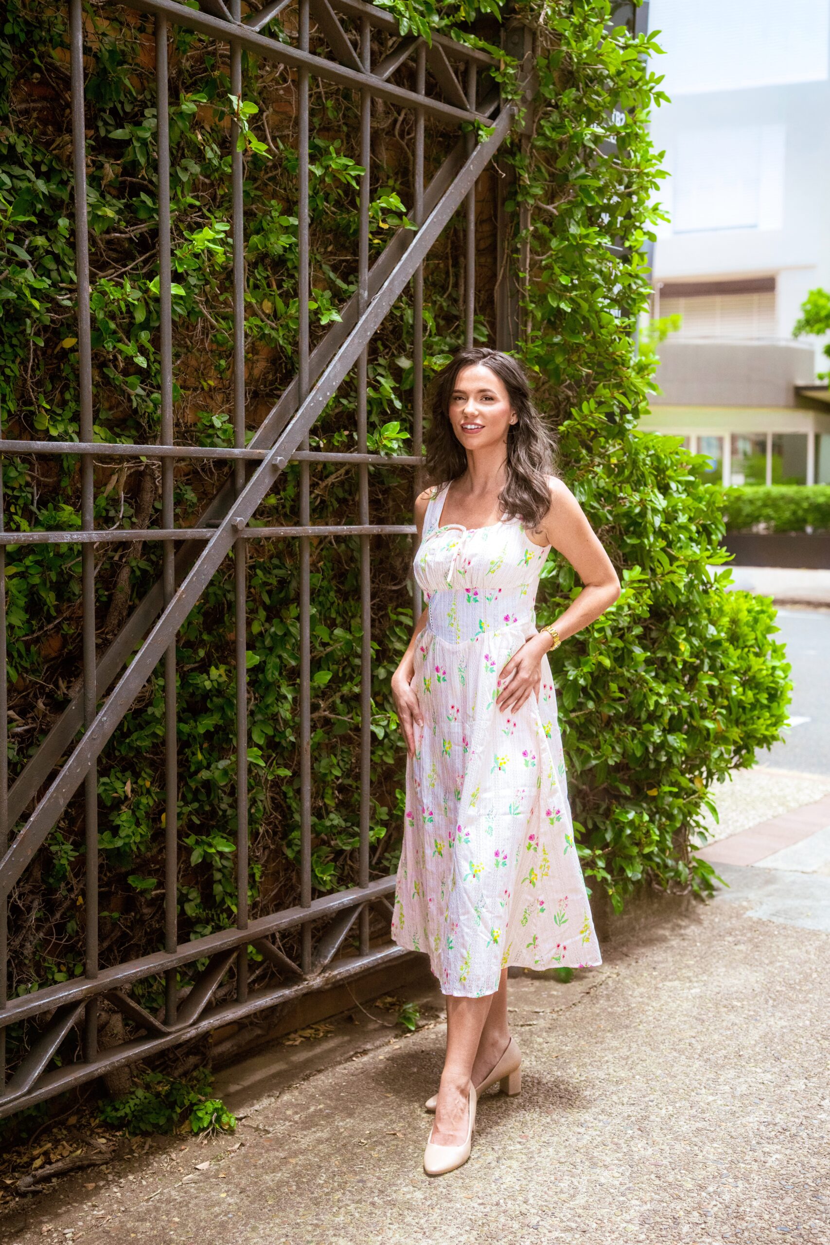 Anais Midi Dress — white floral sleeveless midi with lace lattice overlay and tie-front scoop neckline, front full view | La Mira Singapore