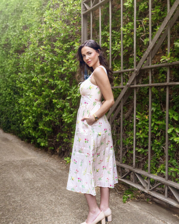 Anais Midi Dress — side view showing midi silhouette and lattice V waistband shaping | La Mira Singapore
