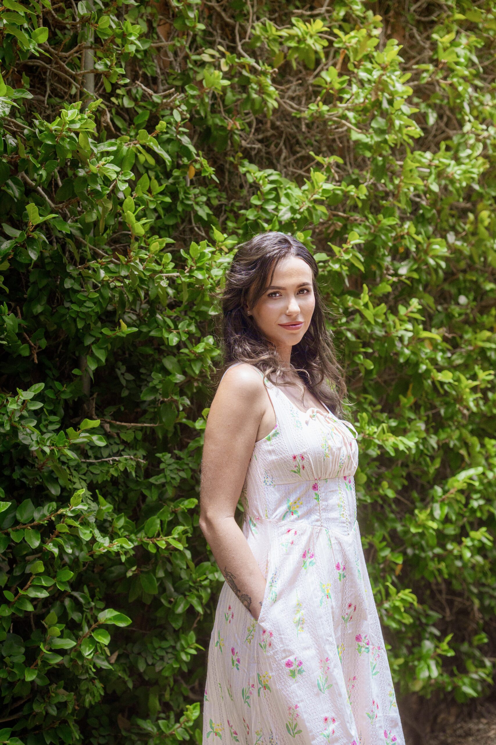 Anais Midi Dress — close-up of lace lattice overlay texture, floral print, and decorative tie-front neckline detail | La Mira Singapore