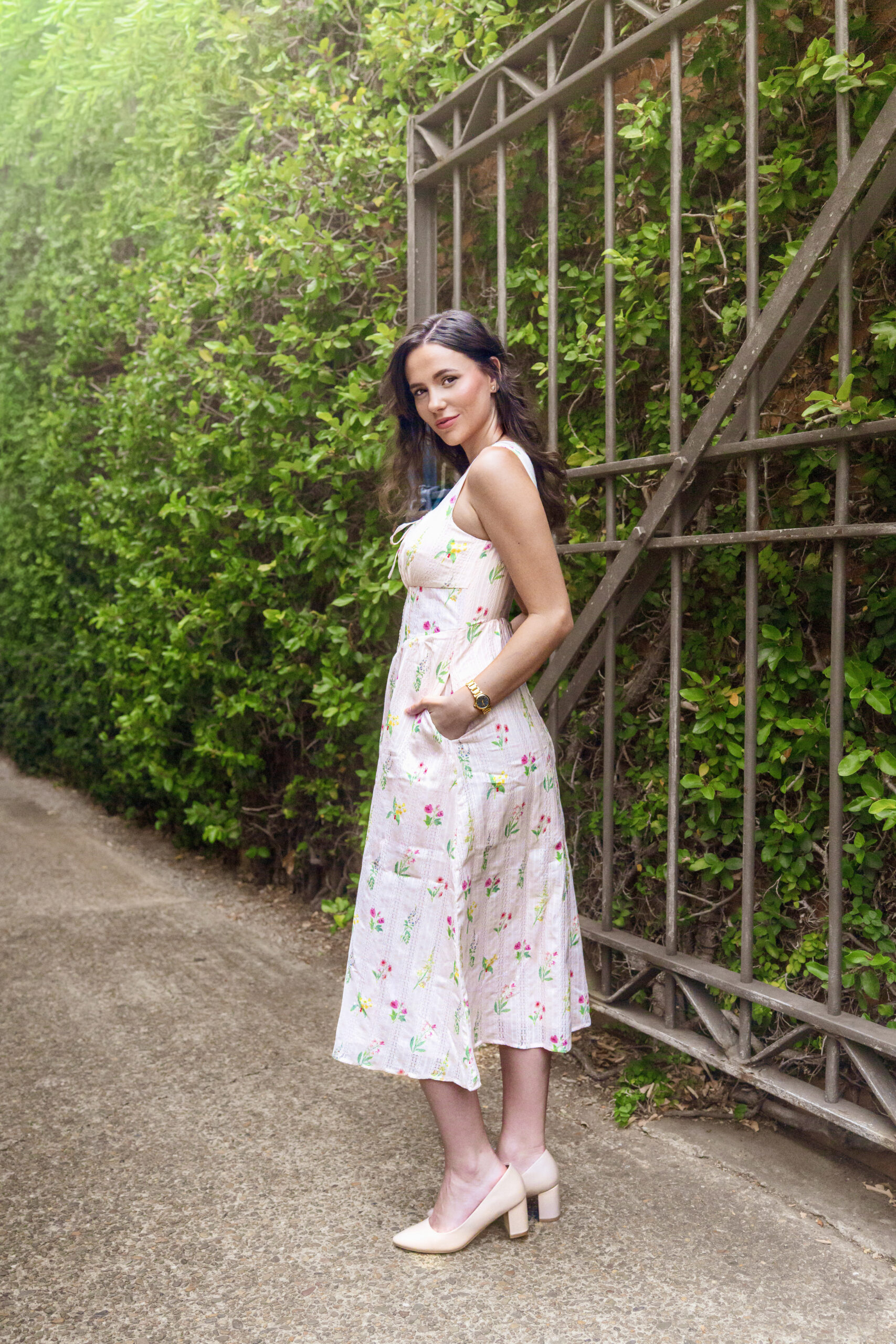 Anais Midi Dress — side view showing midi silhouette and lattice V waistband shaping | La Mira Singapore