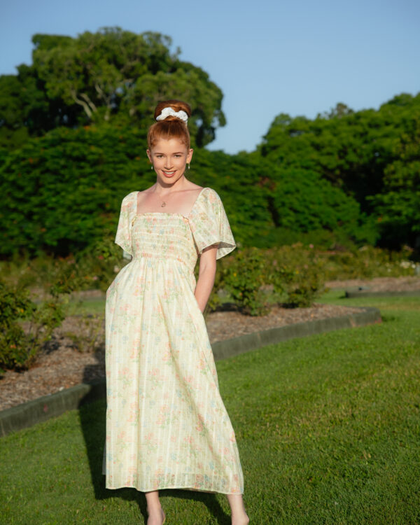 Calla Multiway Smocked Maxi Dress — convertible smocked maxi dress with interchangeable sleeves, front full view | La Mira Singapore