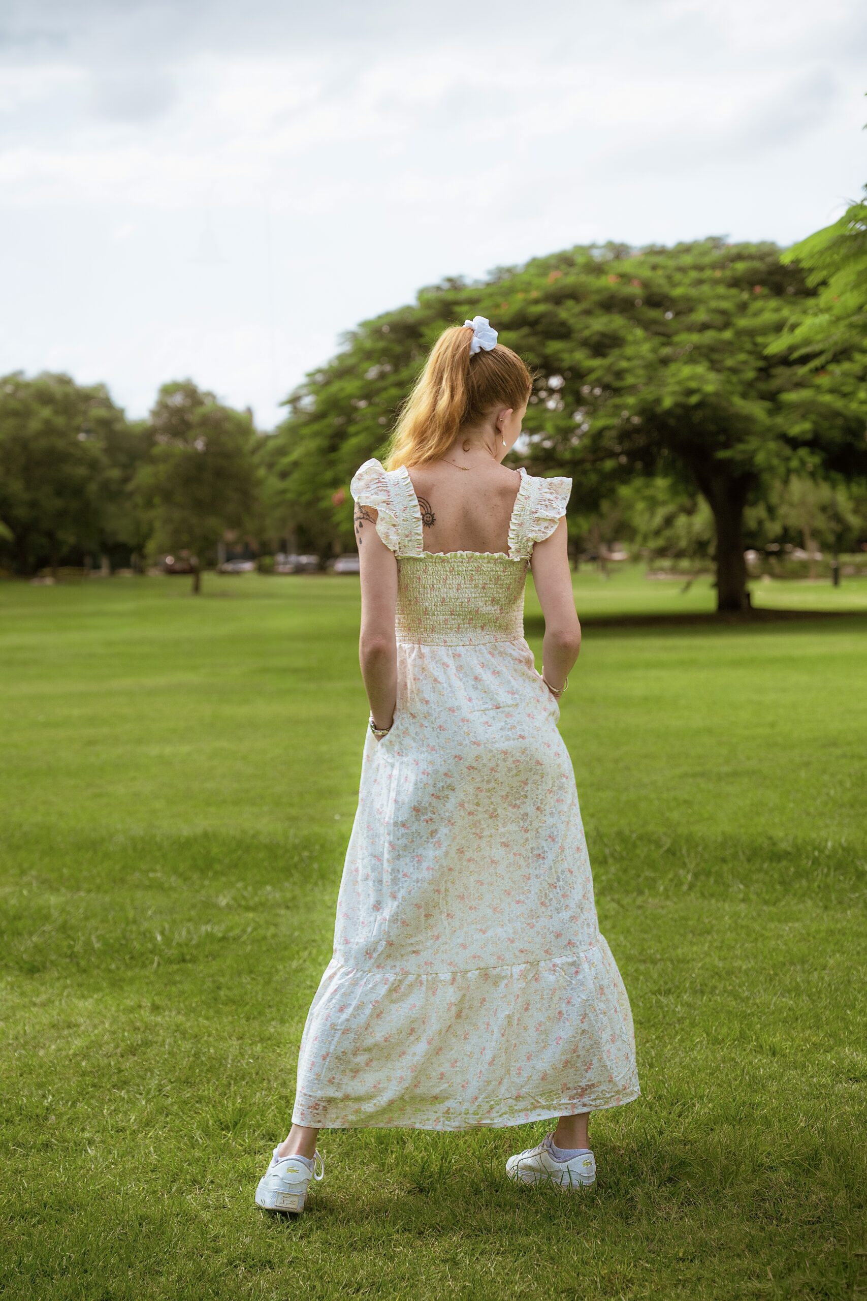 Calli Maxi Dress — back view highlighting fully smocked back panel on vintage rose maxi dress | La Mira Singapore