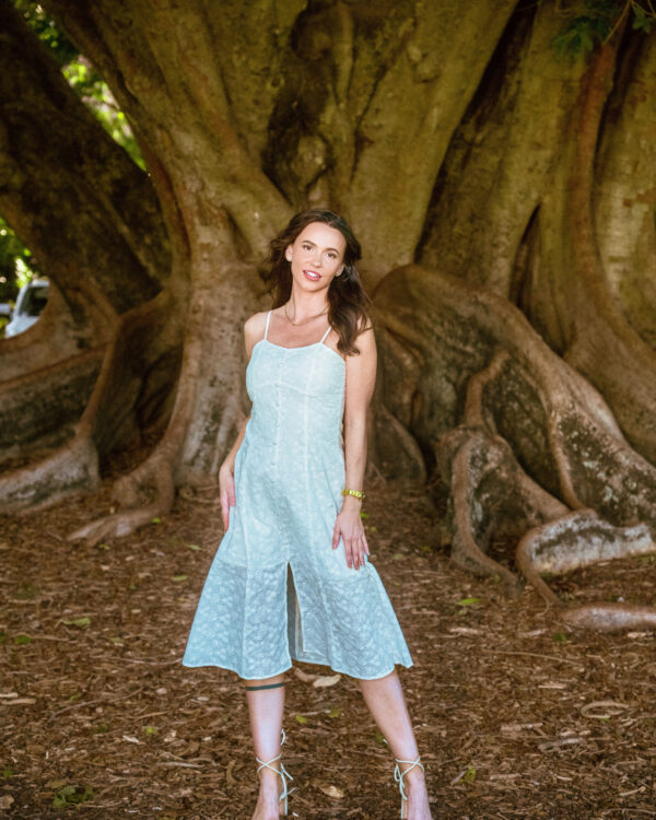 Camellia Midi Dress — white-on-white embroidery spaghetti-strap midi dress with faux button front, front full view | La Mira Singapore