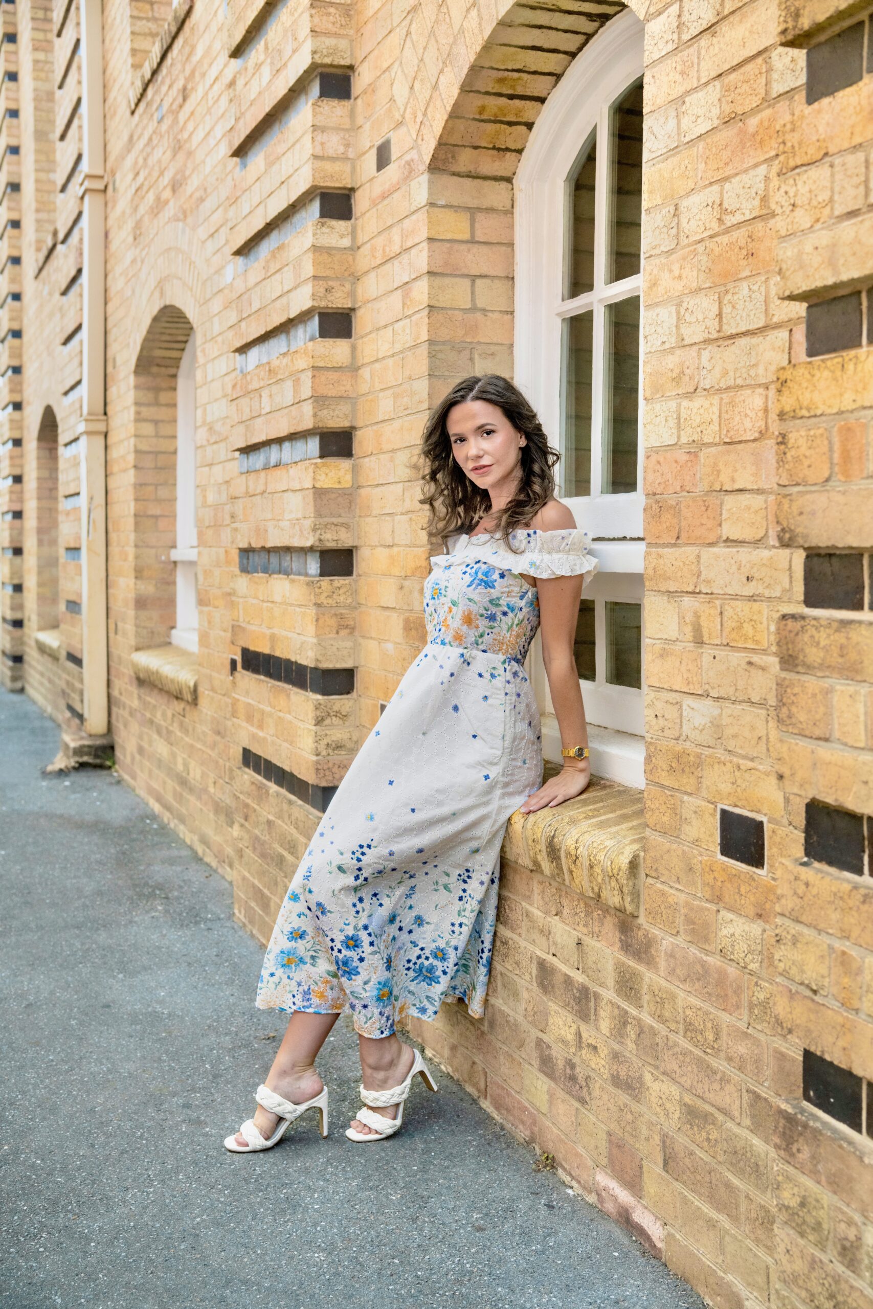 Clarisse Off Shoulder Maxi Dress White Blue — white blue floral broderie anglaise off-shoulder maxi, front full view | La Mira Singapore