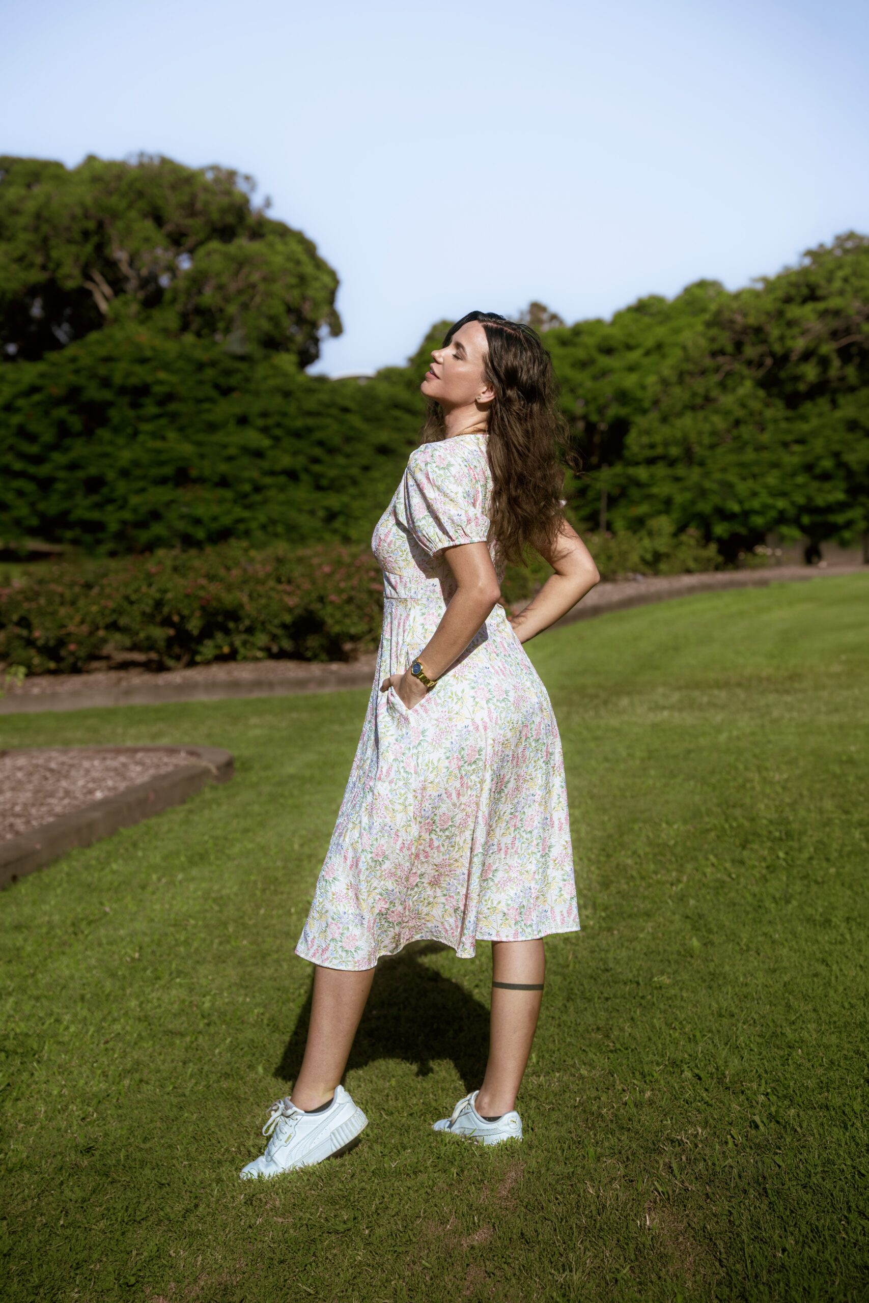 Mila Midi Dress — side view showing midi length silhouette and gentle puff sleeve detail | La Mira Singapore