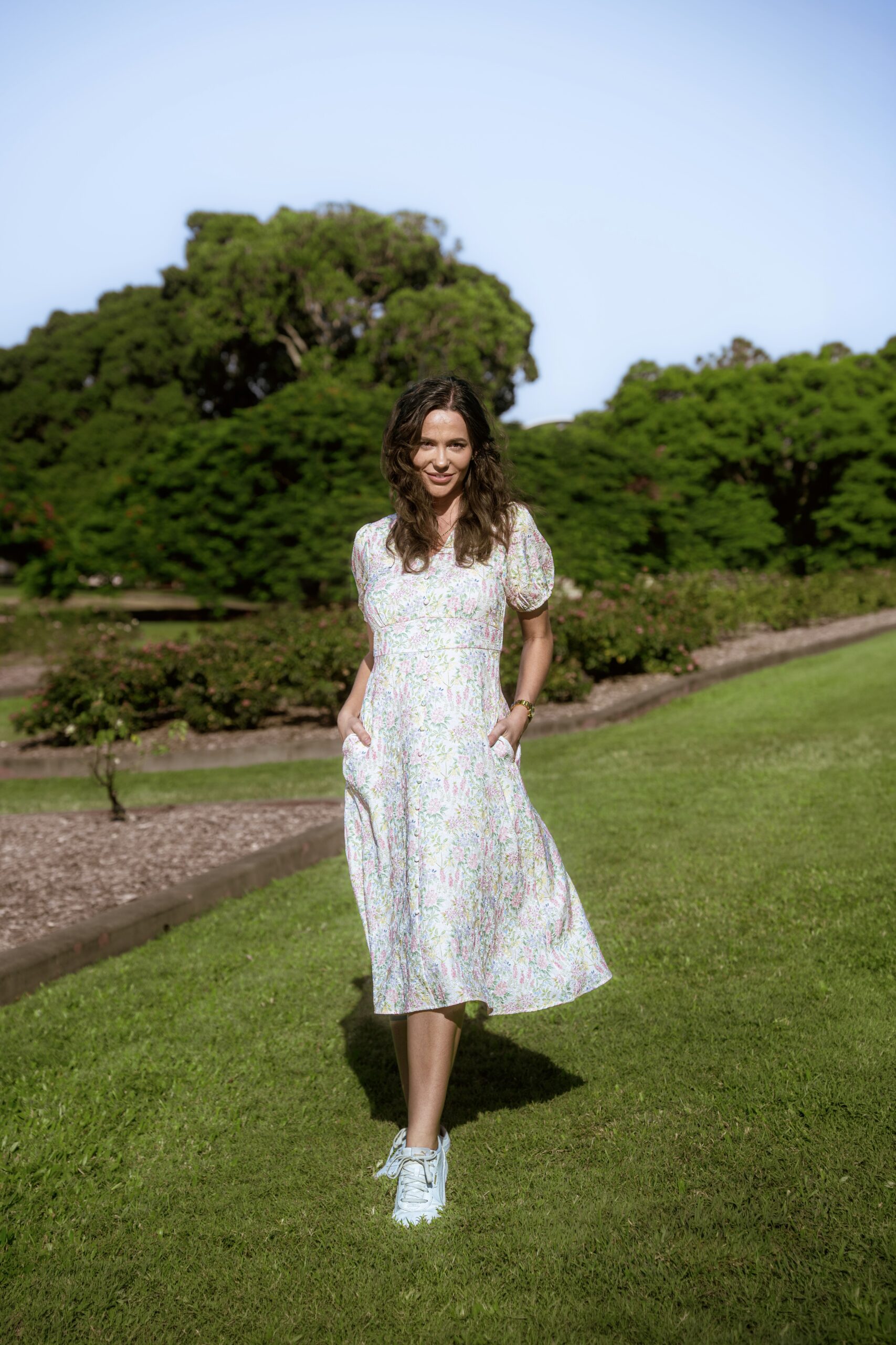 Mila Midi Dress — pastel floral puff-sleeve midi dress with V neckline and button front, front full view | La Mira Singapore